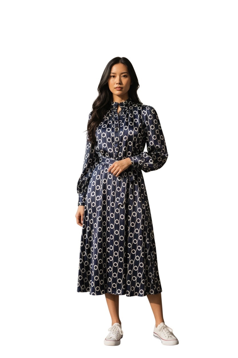 Tara Jarmon Rivoltina Satin Floral Print Notch Collar Long Sleeve Dress Size 8